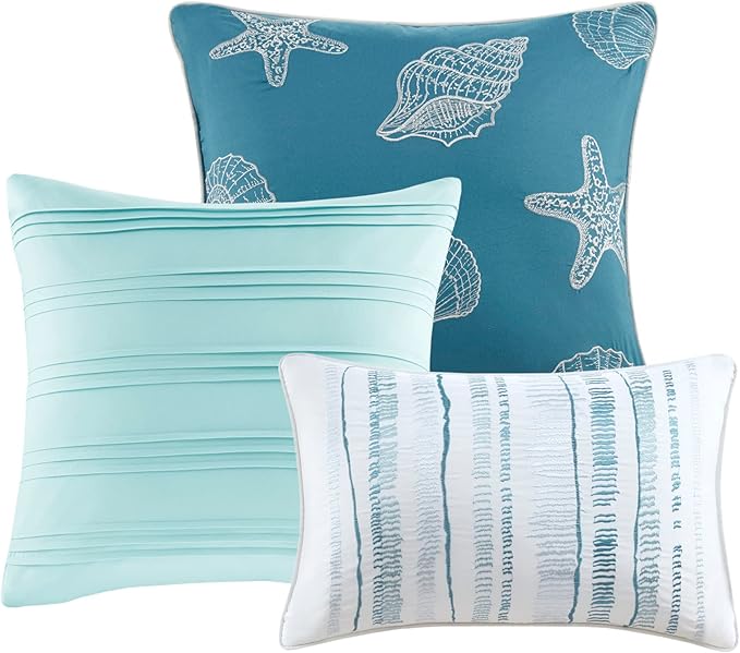 Madison Park Quilt Set Cottage Coastal Design, 6 Piece Set - All Season, Coverlet Bedspread Lightweight Bedding Layer, Shams, Toss Pillows, Full/Queen(90 in x 90 in), Aqua/White