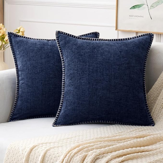 MIULEE Pack of 2 Couch Throw Pillow Covers 24x24 Inch Navy Blue Farmhouse Decorative Pillow Covers with Stitched Edge Soft Chenille Solid Dyed Spring Pillow Covers for Sofa Bed Living Room
