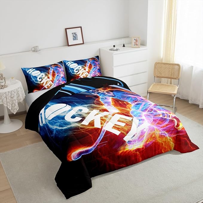 Ice Hockey Comforter Set Full, Puck Hockey Player Bedding Sets for Kids Boys Girls Teens, Red Blue Lightening Duvet Insert, Winter Sports Game Down Comforter Bedroom Decor for All Season, 3 Pieces