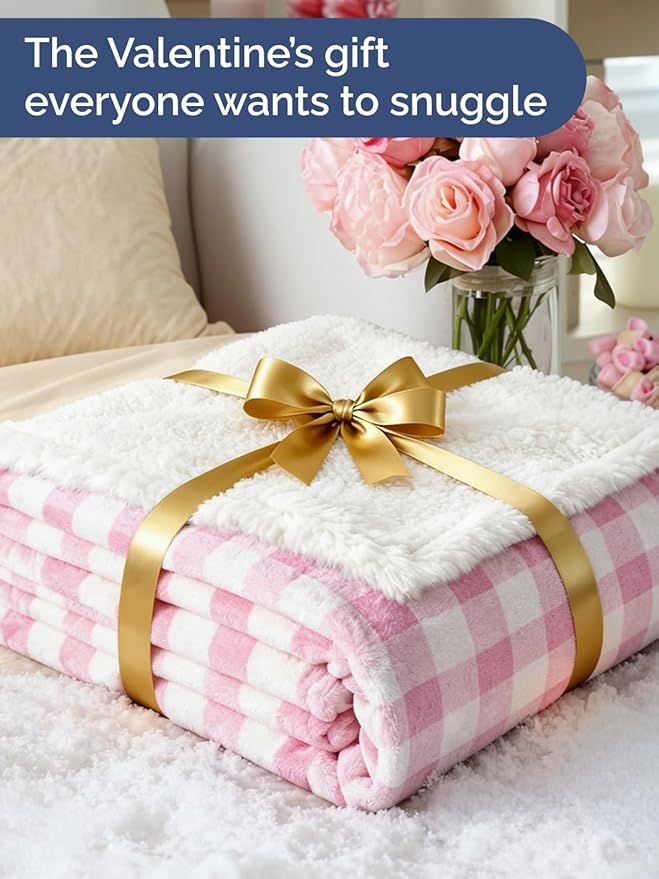 Valentines Day Throw Blanket - Pink Checkered Sherpa Fleece Blanket Throw Size - Super Soft Double Sided for Bed, Sofa, Couch - Thick, Warm & Plush - Luxurious Bedding Valentines Day Decor - 50" x 60"