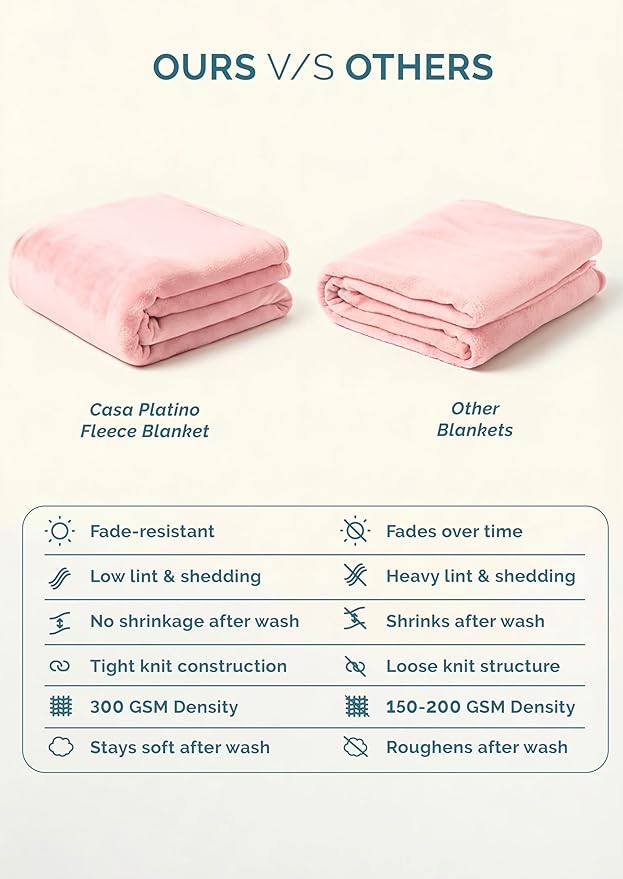 Casa Platino Fleece Blanket Queen Size – 300 GSM Pink Fleece Throw for Bed or Couch – Soft Cozy Warm Holiday Bed Blanket for Winter, Fuzzy Plush Elegant Gifts for Men & Women - 90x90 Inch