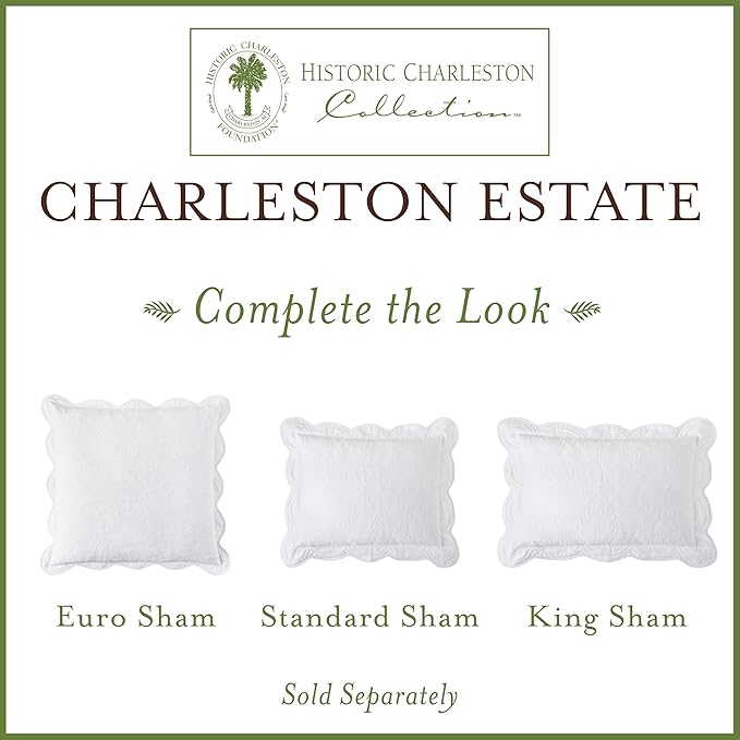 Charleston Estate Modern Farmhouse Floral Matelasse Bedspread with Scalloped Edges, 100% Cotton Breathable Bedding, Full/Queen, White Floral