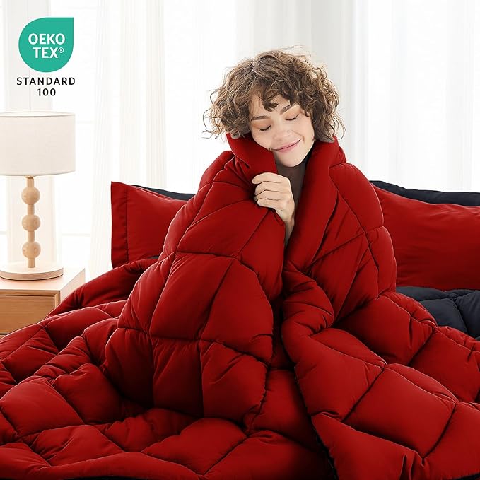 MUXHOMO 7 Pieces Oversized Queen Comforter Set, Reversible Bed in a Bag Oversized Queen Size, All Season Bedding Set with Comforter, Flat Sheet, Fitted Sheet, Pillowcases & Shams, Red & Black
