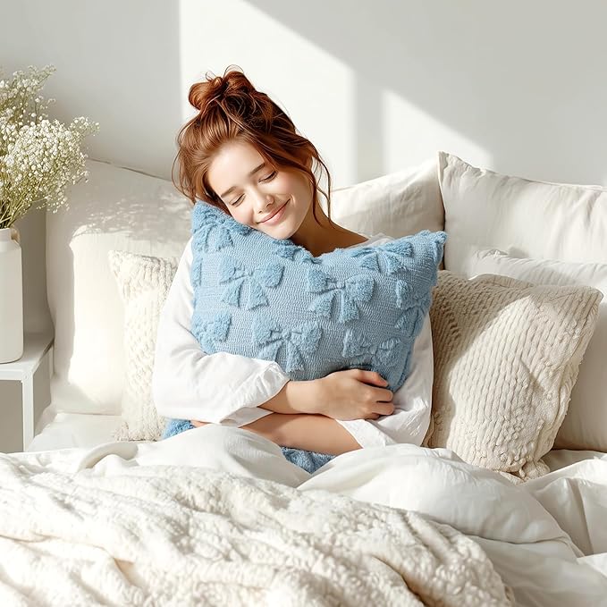 MIULEE Blue Bow Pillow Covers Coquette Room Decor Aesthetic Set of 2 Decorative Cute Girl Vlentine Pillow Covers Spring Soft Plush Faux Pillowcase for Preppy Room Decor Bedroom Couch,18x18 Inch