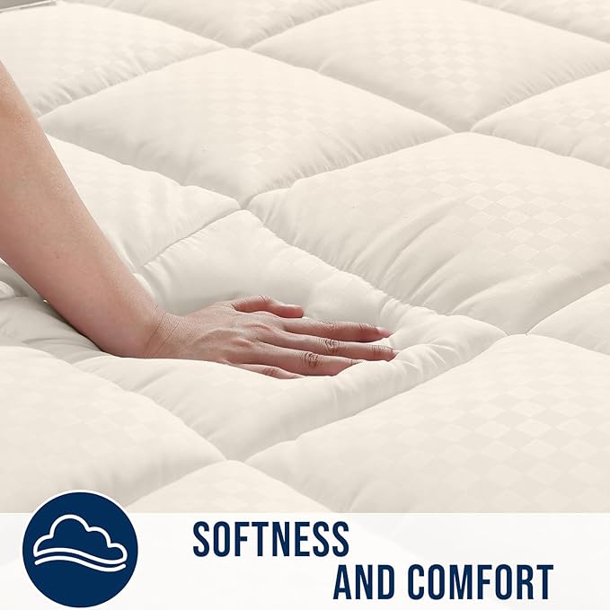 OLANLY Queen Quilted Fitted Mattress Pad, Elastic Fitted Mattress Topper, Cooling Soft Mattress Cover Stretches up to 21 Inches Deep, Machine Washable Mattress Protector (60x80 inch, Ivory White)