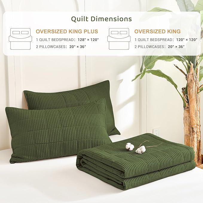 Sanracie Cotton Oversized King Bedspread (128"x120"), Olive Green Waffle Weave Quilt Set 3Pcs Extra Large Wide Farmhouse Bedding Set Soft Breathable Aesthetic Bed Coverlet for All Season