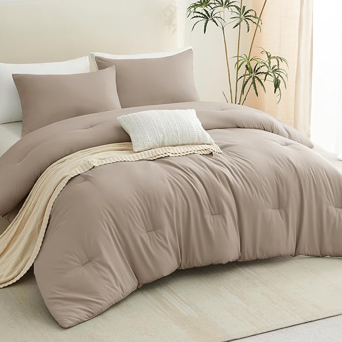 CozyLux Full Size Comforter Set Khaki, 3 Pieces Solid Breathable Quilted Style Bedding Sets, Luxury Fluffy Soft Bed Set with Down Alternative Comforter for All Season (1 Comforter & 2 Pillowcases)