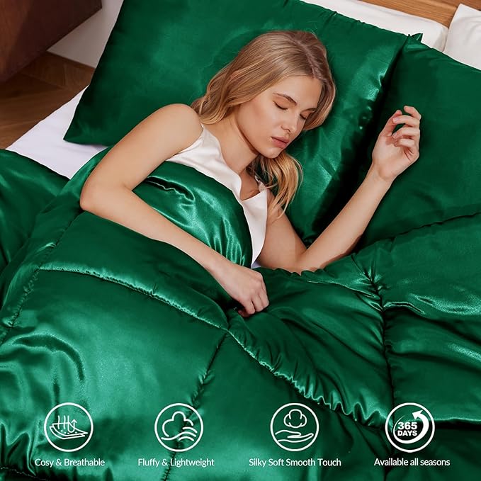 Whale Flotilla 2-Piece Reversible Silky Soft Twin Size Comforter Bedding Set, Luxurious Satin Comforters with Satin Pillowcase, Lightweight Duvet for All Seasons,Deep Green