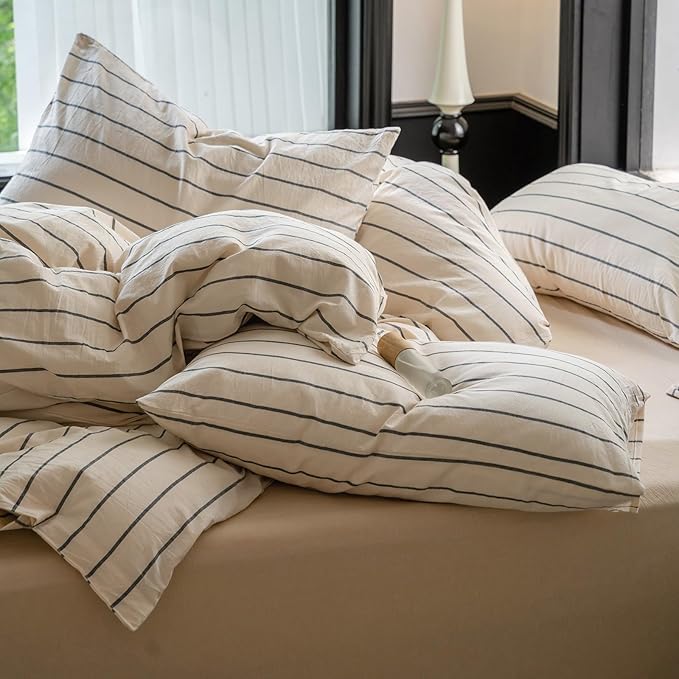 LifeTB Boho Striped Duvet Cover Sets King Beige Cream Duvet Cover with Grey Stripes Pattern Comforter Cover Breathable Farmhouse Bedding 100% Washed Cotton Striped Bedding Comforter Cover King Size