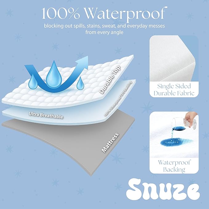 Snuze Total Protection Mattress Encasement Queen Size, 6-Sided Waterproof Mattress Cover Zippered Encasement for Allergen and Dust Protection, Machine Washable, Fits Up to 15” Deep Mattress