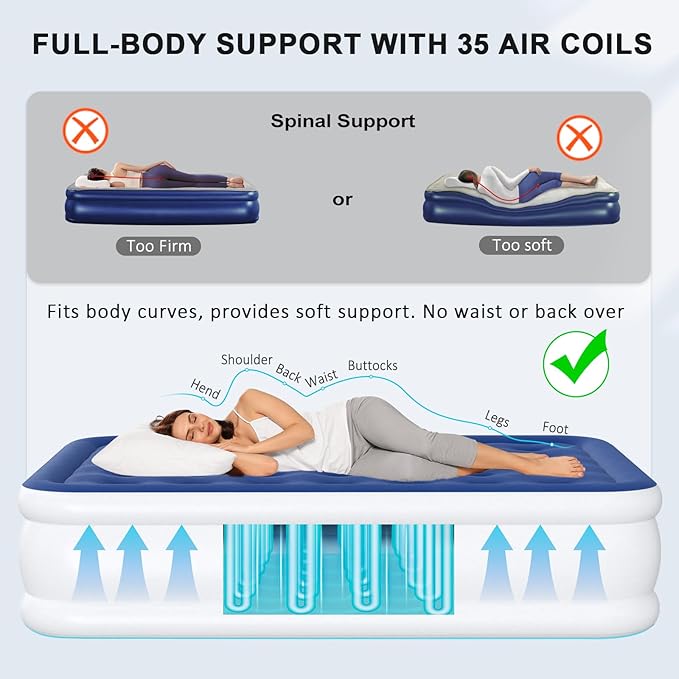 Queen Air Mattress with Built-in Pump, 18" Raised Inflatable Bed Blow Up Mattress, Comfort Portable Air Bed for Camping, Home Guests, Travel 690 lbs Max