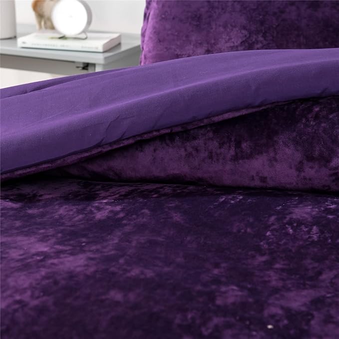 Sunshine Nicole Distressed Velvet Comforter Set, Distressed Velvet Face and Brushed Solid Microfiber Reverse, with Light Weight Soft Poly Fill, 5 Pieces Purple, Queen