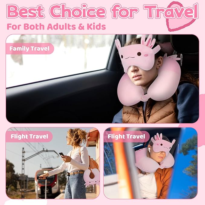 Kids Travel Pillow, Kid Neck Pillows with Eye Mask Cute Axolotl U Shaped Neck Pillow, Neck Support Travel Pillow for Road Trip, Airplane, Travel Pillow for Kids & Adults