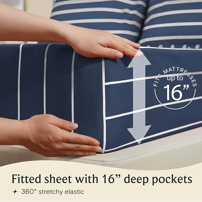 LuxClub 4 PC Cal King Size Sheet Set, Breathable Luxury Bed Sheets, Deep Pockets 18" Wrinkle Free Cooling Machine Washable Hotel Bedding (Striped Navy)