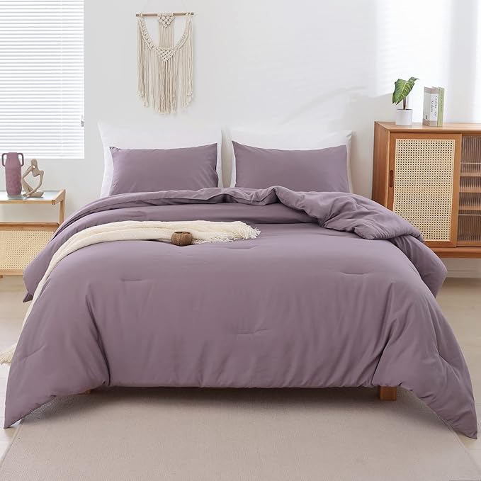 ROSGONIA King Size Comforter Set Dusty Purple, 3pcs (1 Boho Comforter & 2 Pillowcases) All Season Bedding Lightweight Bedspread Blanket Quilt