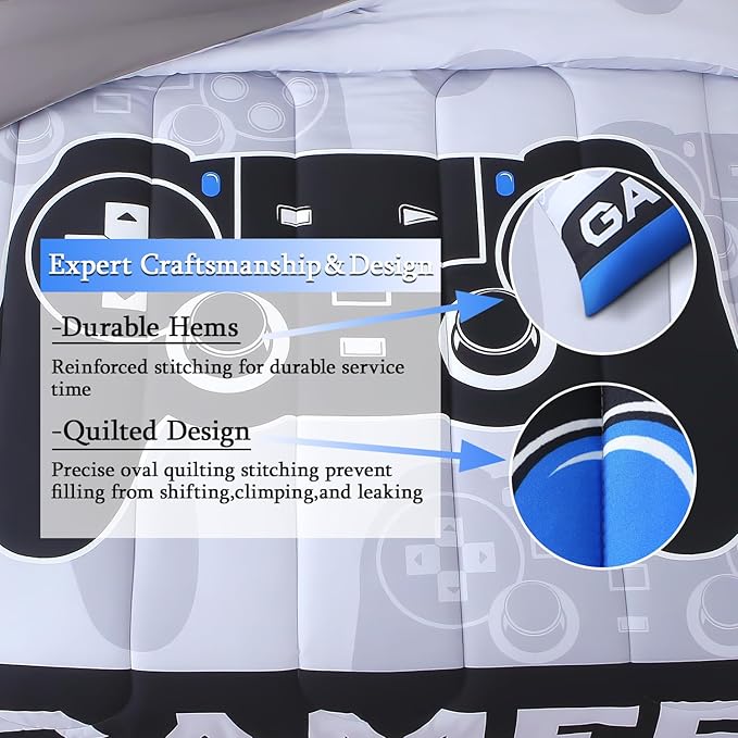 JQinHome Queen Gamer Comforter Sets for Boys,6 Piece Bed in A Bag 3D Video Gamer Bedding -All Season Microfiber Gaming Bedding Set for Kids, with Sheet Sets (Cyber Blue)
