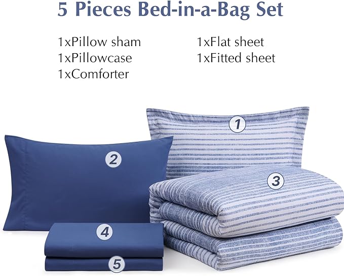 Twin XL Comforter Set Striped, Ocean Blue Coastal Bedding Set 5 Pieces for Boys Girls Teen, All Season Bed in a Bag for Dorm with Sheets, Pillowcase & Sham