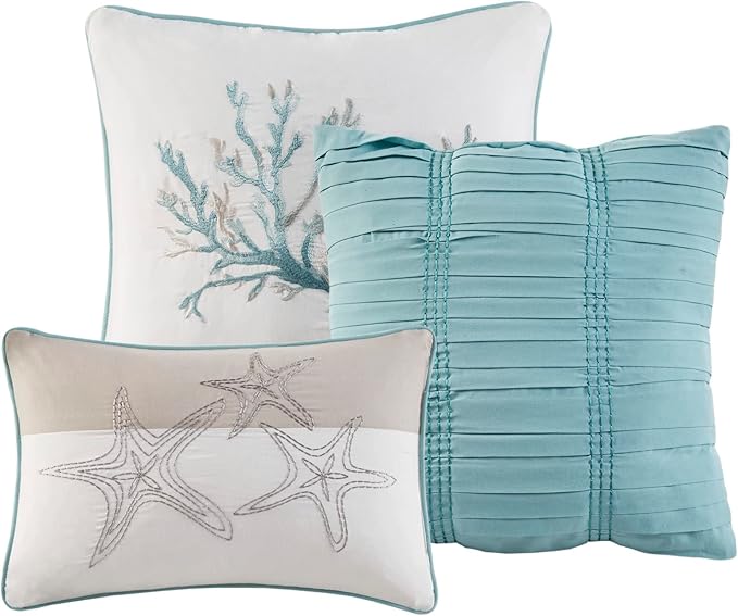 Madison Park Quilt Set Cottage Coastal Design, Starfish Print - All Season, Coverlet Bedspread Lightweight Bedding Layer, Shams, Toss Pillows, King/Cal King(104"x94"), Pebble Beach Aqua 6 Piece