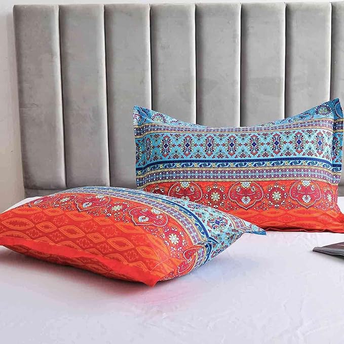 Nanko Twin XL Size Duvet Cover Set Boho Red Blue Colorful Retro Striped Print Luxury Soft Microfiber Bedding Comforter Cover with Zipper Ties - Bohemian Western Bed Sets for Men and Women 2pcs 68 x 90