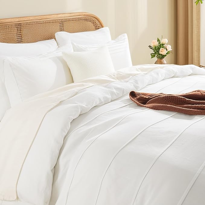 NEXHOME PRO 100% Organic Cotton Duvet Cover Full Size, Linen Like Pleated Textured White Duvet Cover Set, 3pc Bedding Set with Zipper Closure, Soft, Lightweight and Breathable (80"x90", No Comforter)