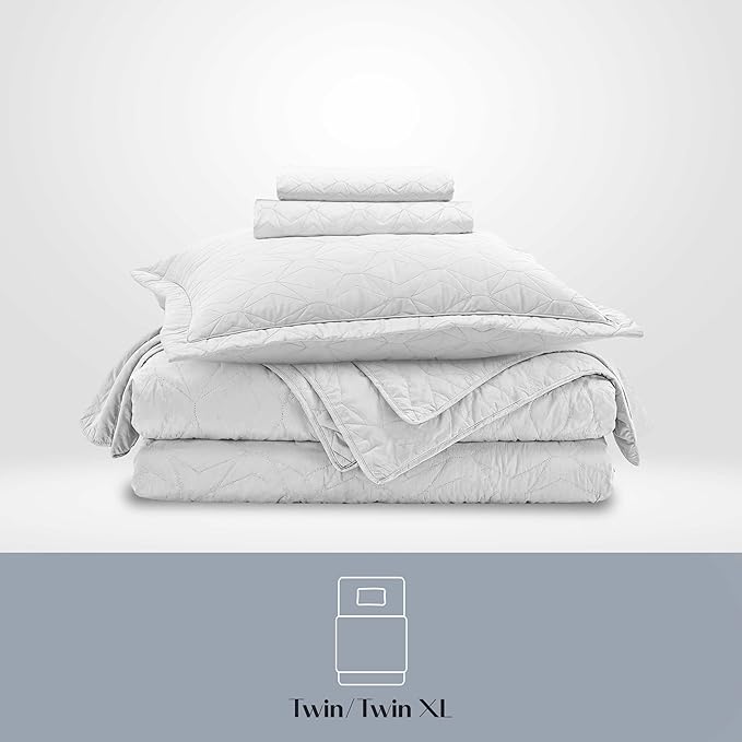 Hearth & Harbor Twin Quilt Set – All-Season Lightweight Bedspread & Coverlet with Pinsonic Weave - 5 Piece King Quilt Set with Pillow Shams, White - Twin Ellipse