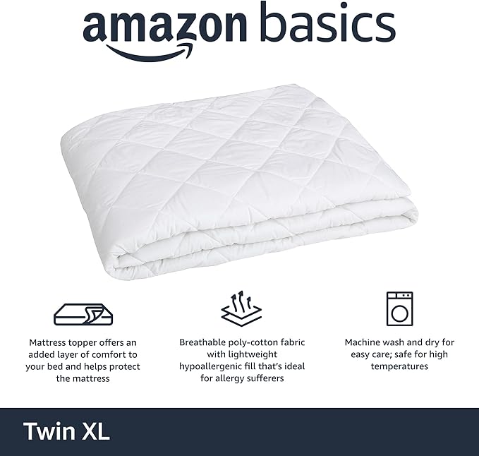 Amazon Basics Hypoallergenic Breathable Quilted Mattress Topper Pad, 18 Inches Deep, Twin XL, White
