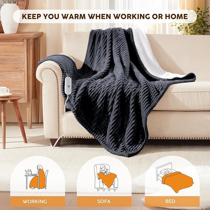 HYLEORY Heated Blanket Electric Queen, Soft Flannel Sherpa Heater 5 Heat Settings and 10 Hours Auto Shut-Off Heating Blanket ETL Certification Over-Heat Protection Machine Washable,Deep Grey