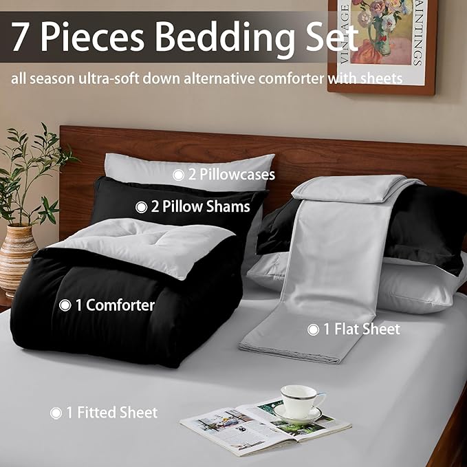 FUANNA Full Size Comforter Sets 7 Pieces, Reversible Bed in a Bag with All Season Soft Comforter, Bedding Sets Includes Comforter, Flat Sheet, Fitted Sheet, Pillowcases & Shams, Black & Light Grey