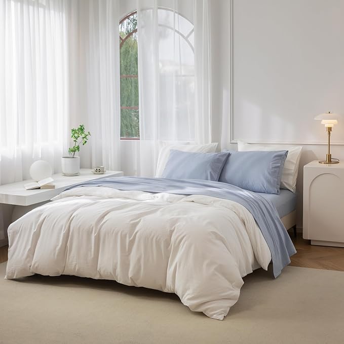 JIYUAN 100% Washed Cotton Sheet Set 4 Pieces Queen,1 Fitted Sheet,1 Flat Sheet and 2 Pillowcases,Comfy and Breathable Linen Like Bedding Set,Heathered Light Blue