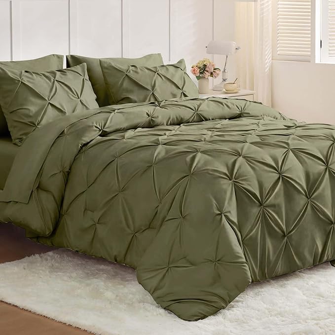 JOLLYVOGUE Queen Comforter Set 7 Pieces - Bed in a Bag Queen for All Season, Pintuck Bedding Comforter Sets with Comforter, Flat Sheet, Fitted Sheet and Pillowcases & Shams, Olive Green