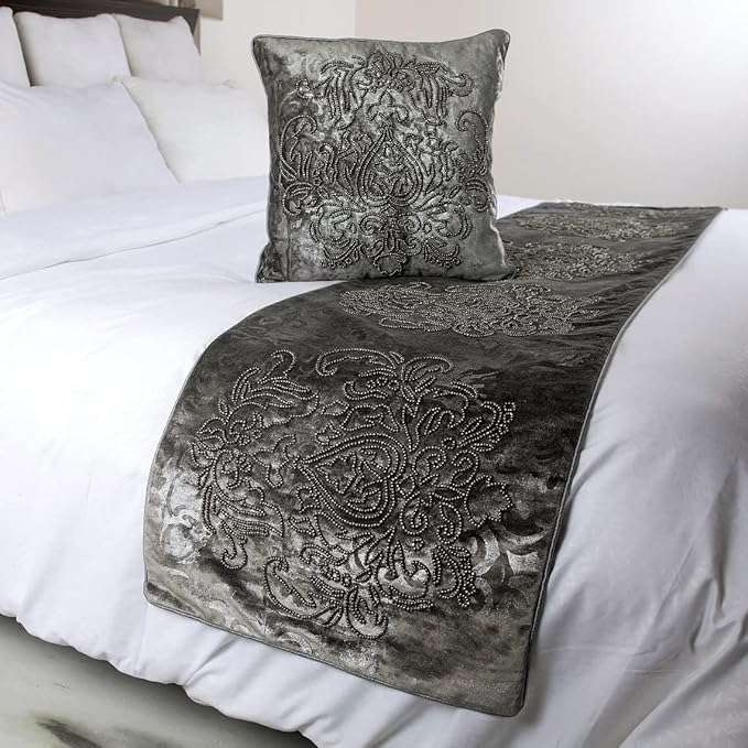 The HomeCentric Decorative Designer Handmade Bed Runner Without Pillow Cover, 68 x 18 Inch Damask Designer Full Size Bed Scarf in Foil Velvet and Embroidery Bed Linen Foot Warmer Home - Foil Damask