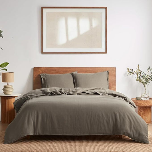 DAPU 100% Linen Duvet Cover Set - Pure Natural French Flax Linen with Corner Ties and Zipper Closure Soft Breathable Durable for Hot Sleepers 1 Duvet Cover 2 Pillowcases (Gray Green, Queen)