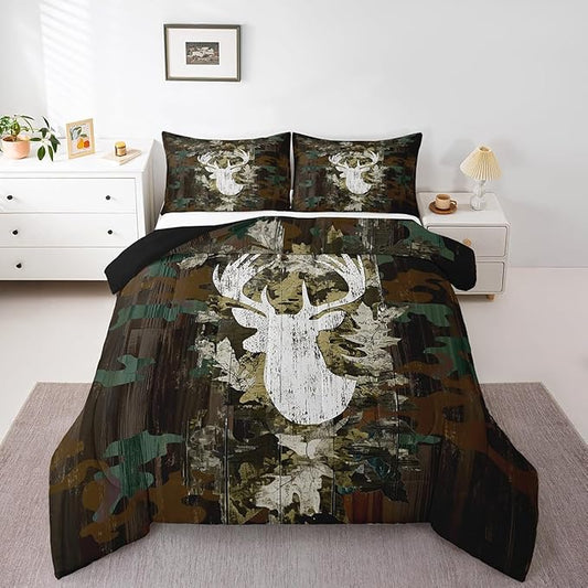 Feelyou Kids Camo Deer Bedding Set Twin Size, Deer Hunting Comforter Set Green Camo Comforter for Boys Girls Antlers Duvet Insert Microfiber Bed Set