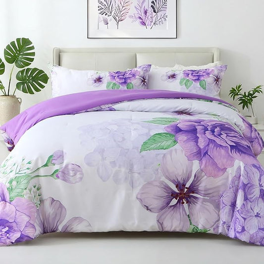 Floral Comforter Set Queen Size, 3 Pieces Elegant Purple Floral Bed in a Bag, Soft Microfiber Botanical Flower Bedding Set with 2 Pillowcases for All Season 90"×90"