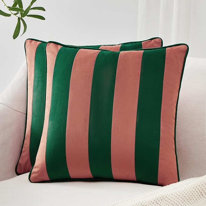 MONDAY MOOSE Decorative Throw Pillow Covers Cushion Cases, Set of 2 Soft Velvet Striped Piping Edge Designs, Pillow Inserts Not Included (18x18 inch, Pink/Green)