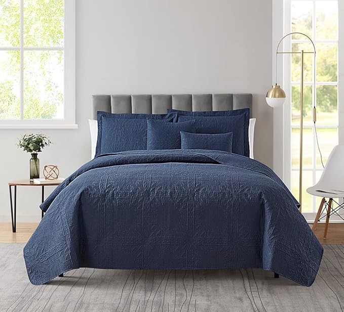 Hearth & Harbor Quilts Twin Size - All Season Bedspread Coverlet Set, Pinsonic Weave Lightweight Bedding Set - 5 Piece Twin Quilt Set with Pillow Shams, Grid - Navy