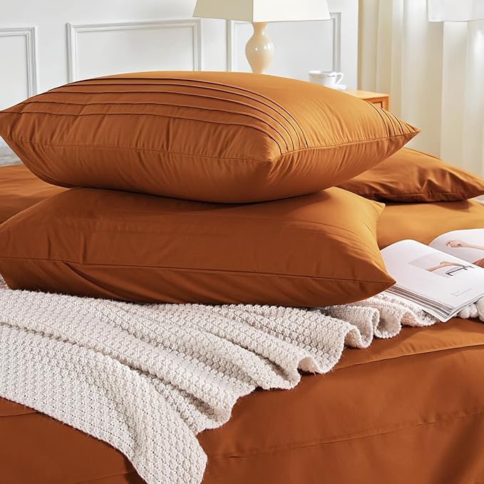 NEXHOME PRO 100% Organic Cotton Duvet Cover Oalifornia King,Linen Like Pleated Textured Terracotta Burnt Orange Duvet Cover Set, 3pc Bedding Set with Zipper Closure, Soft,104"x98", No Comforter