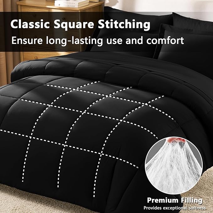 CozyLux Oversized Queen Comforter Sets Black, 7 Pieces Bed in a Bag, 98x98 Box Stitched Design Bedding Set, All Season Luxury Soft Bed Set with Down Alternative Comforter, Sheets, Pillowcases & Shams