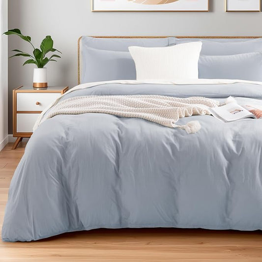 NEXHOME PRO King Duvet Cover Set, 100% Washed Cotton with Linen-Like Texture, Natural Organic, Breathable & Comfortable, Includes Home Bedding Set Cornflower Blue (No Comforter) 10490
