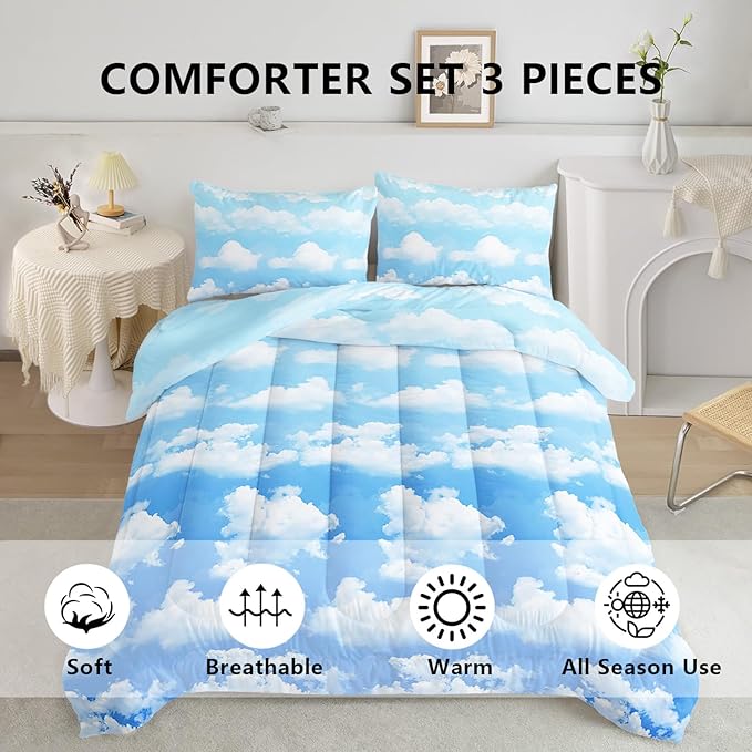 Axolotl Blue Cloud Comforter Set Full,Light Blue Bedding Set,Cloud Sky Comforter Set Blue Sky and White Clouds Design Bedding Set,Sky Blue Comforter for Kids Girls Boys Teens,1 Quilt 2 Pillowcases