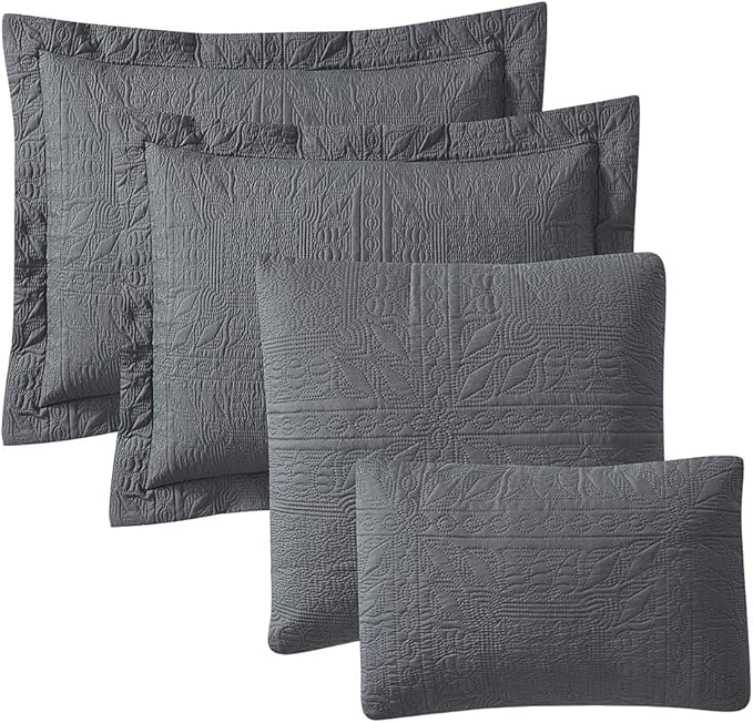 Hearth & Harbor Quilts Queen Size - All Season Bedspread Coverlet Set, Pinsonic Weave Lightweight Bedding Set - 5 Piece Queen Quilt Set with Pillow Shams, Grid - Gray