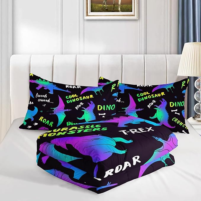 Axolotl Cartoon Dinosaur Bedding Set,Queen Size Kids Bed Set,Gradient Dinosaur Comforter Set,1 Quilt with 2 Pillowcases for Boys Girls Kids Teens Children Adults Room Decor All Season,Black
