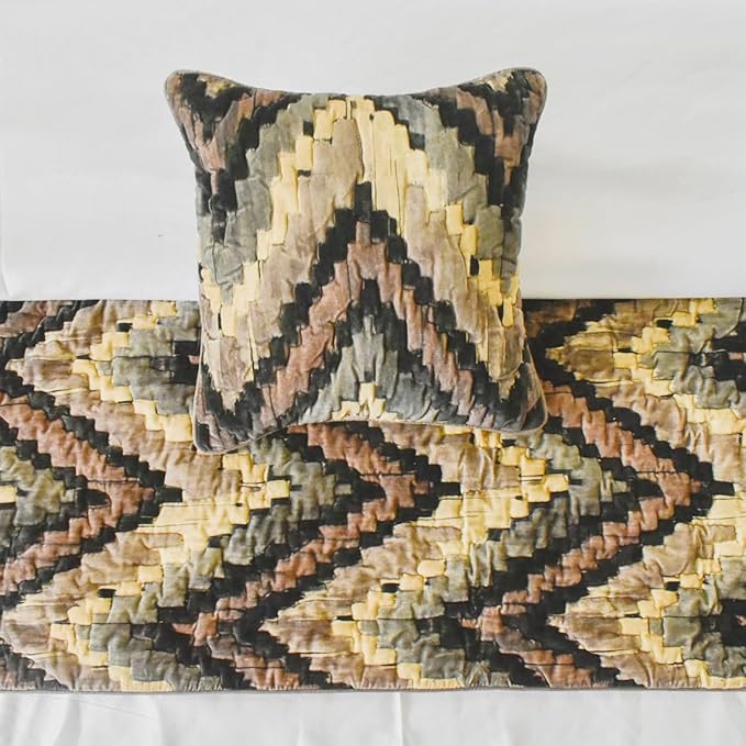 The HomeCentric King/Queen/Twin Beige Decorative Queen 74"x18" Bed Runner with 2 Pillow Cover, Abstract, Chevron, Quilted Bed Scarf on Suede Velvet Fabric - Paramount