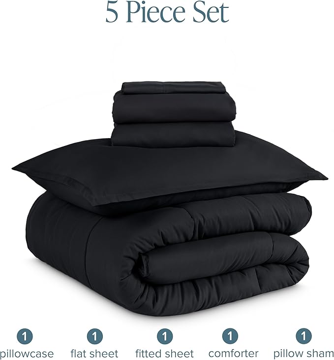 Bare Home Bed-in-A-Bag 5 Piece Comforter & Sheet Set - Twin XL - Goose Down Alternative - Ultra-Soft 1800 Premium Bed Set (Twin XL, Black/Black)