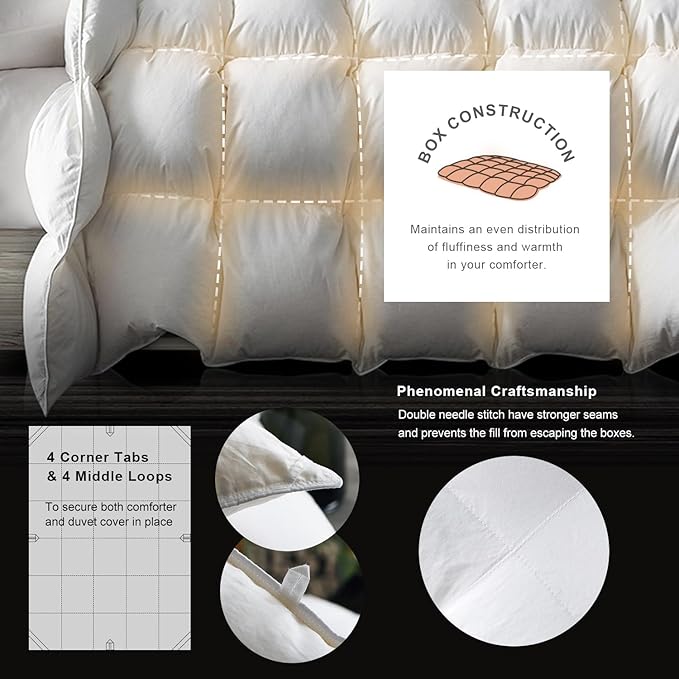 Royoliving Premium Feathers Down Duvet Insert Comforter King Size All Season Medium Warmth White 100% Cotton Cover with Corner Tabs (106x90, 60 oz)