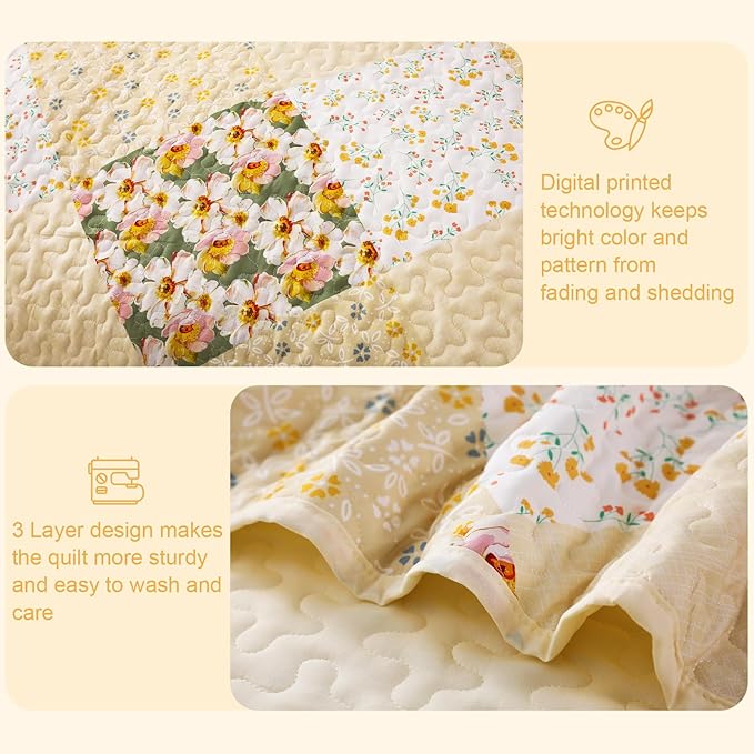 Exclusivo Mezcla Reversible Boho Quilts King Size, Yellow Bedspreads Lightweight Coverlet All Season Patchwork Quilt Bedding Set with Printed Floral Pattern (1 Quilt, 2 Pillow Shams)