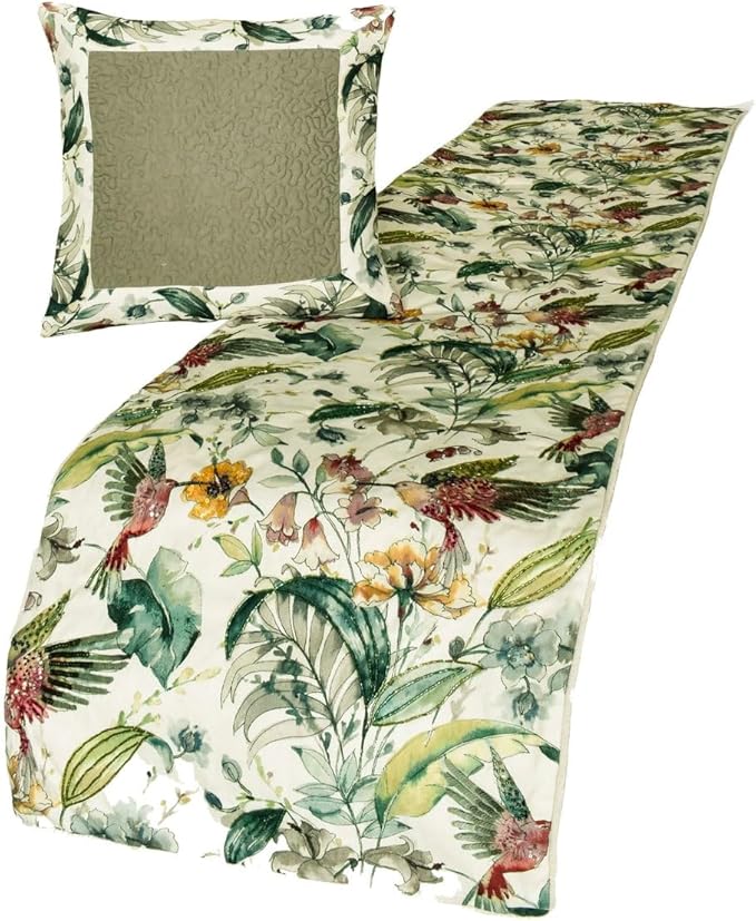 The HomeCentric King Queen Twin Ivory & Multi Designer Full 68"x18" Bed Runner with 2 Pillow Cover, Bird, Sequins & Beaded Bed Scarf on Cotton Fabric - Exotic Birds
