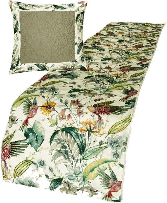 The HomeCentric King Queen Twin Ivory & Multi Designer CA King 86"x18" Bed Runner Without Pillow Cover, Bird, Sequins & Beaded Bed Scarf on Cotton Fabric - Exotic Birds