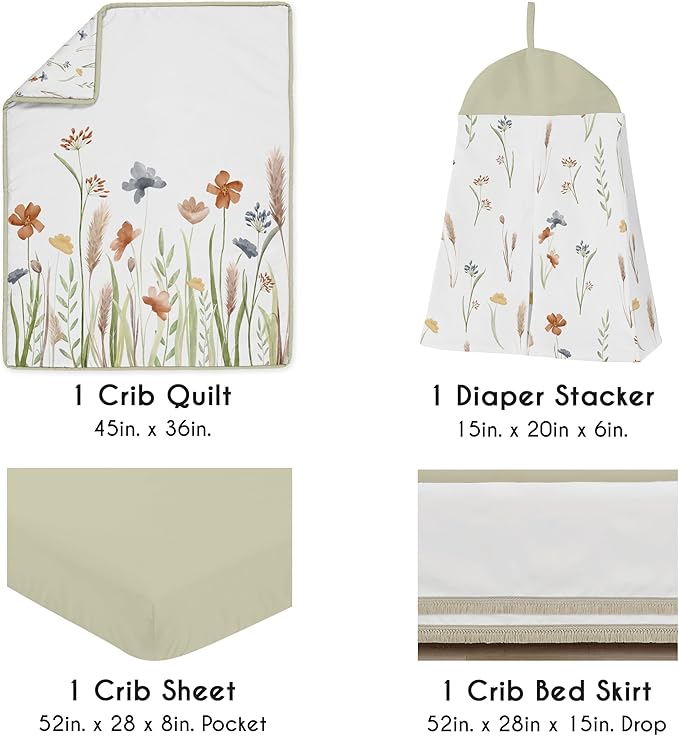 Sweet Jojo Designs 4-Piece Baby Crib Bedding Set (Green Boho Floral) for Girls, Infants/Nursery incl. Blanket, Fitted Sheet, Skirt, Diaper Stacker (Flower, Garden, Bohemian, Farmhouse, Wildflower)