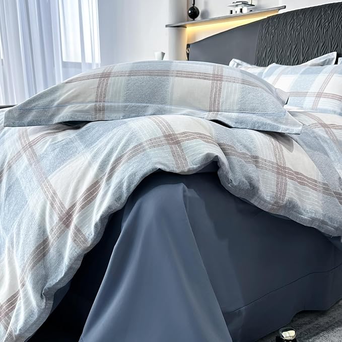 LifeTB Blue White Plaid Duvet Cover Queen Modern Soft Cotton Brushed Comforter Cover Farmhouse Buffalo Grid Duvet Cover with 2 Pillowcases
